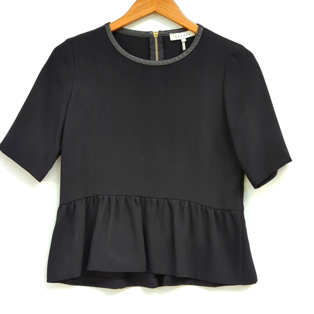 !! DONATING SOON!! SANDRO Leather Trim Black Peplum Blouse Top - Small